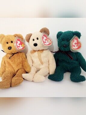 Ty Plush Bear Trio - Cream, Brown, and Dark Green